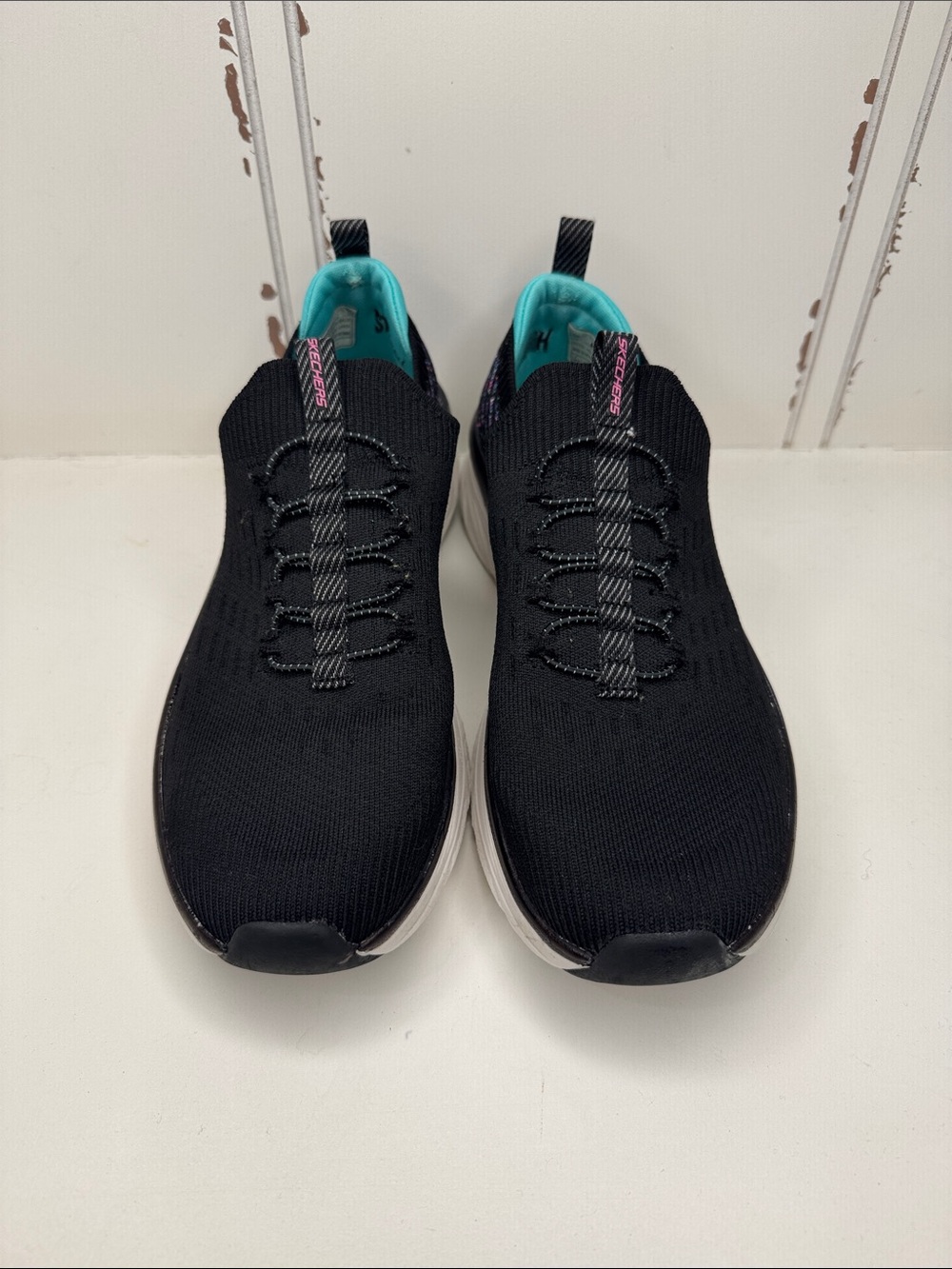Skechers Women's Black Knit Slip-On Sneakers with Teal Lining and Pink Accents